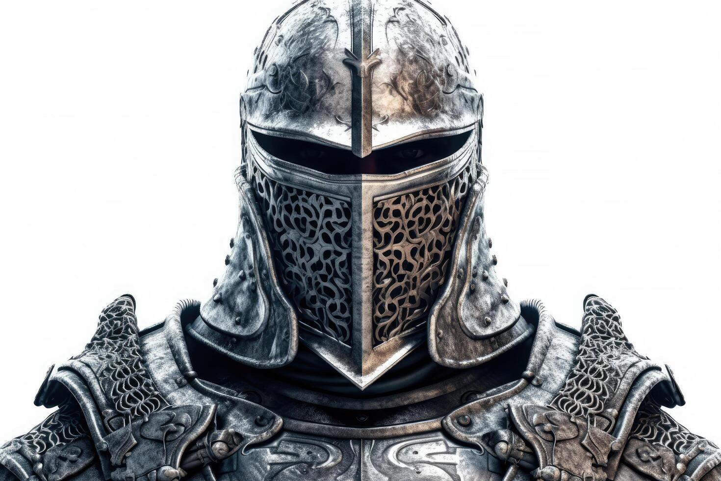 Portrait of medieval Scandinavian or Viking warrior with armor and helmet costume isolated on white background, epic fantasy world, with . photo