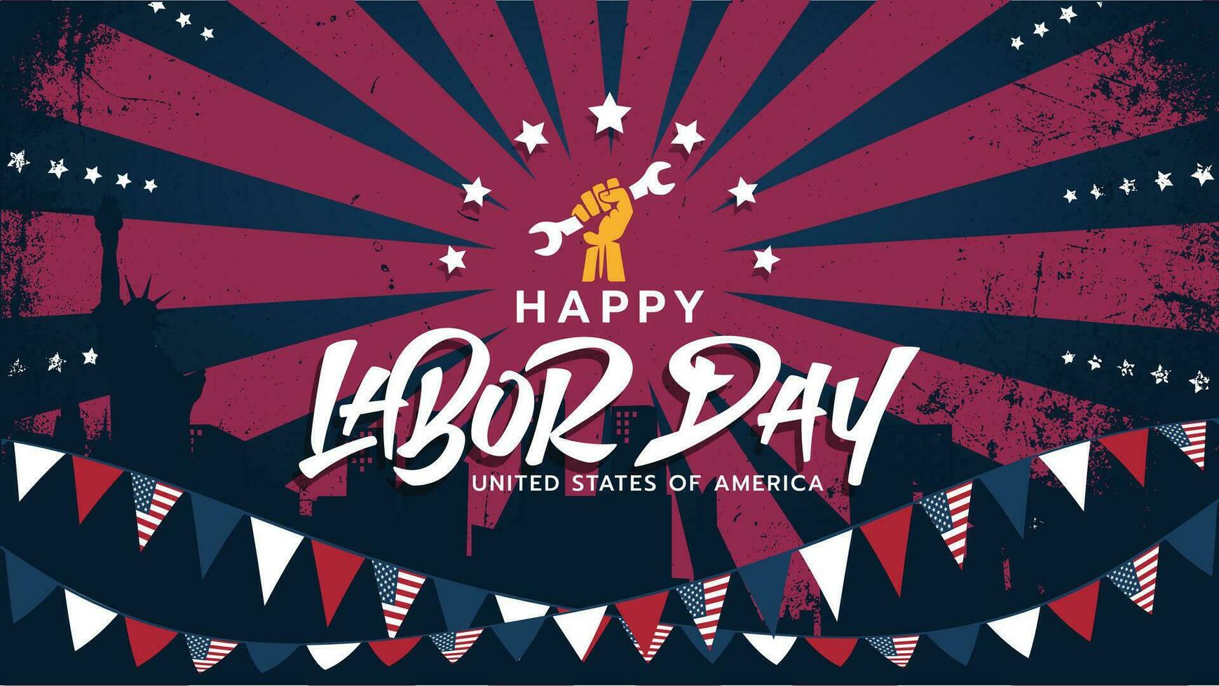 labor día bandera o póster modelo. Estados Unidos labor día saludo con un mano participación un llave inglesa, ciudad silueta, estrellas, y americano banderas para bandera, publicidad, póster, etc. vector