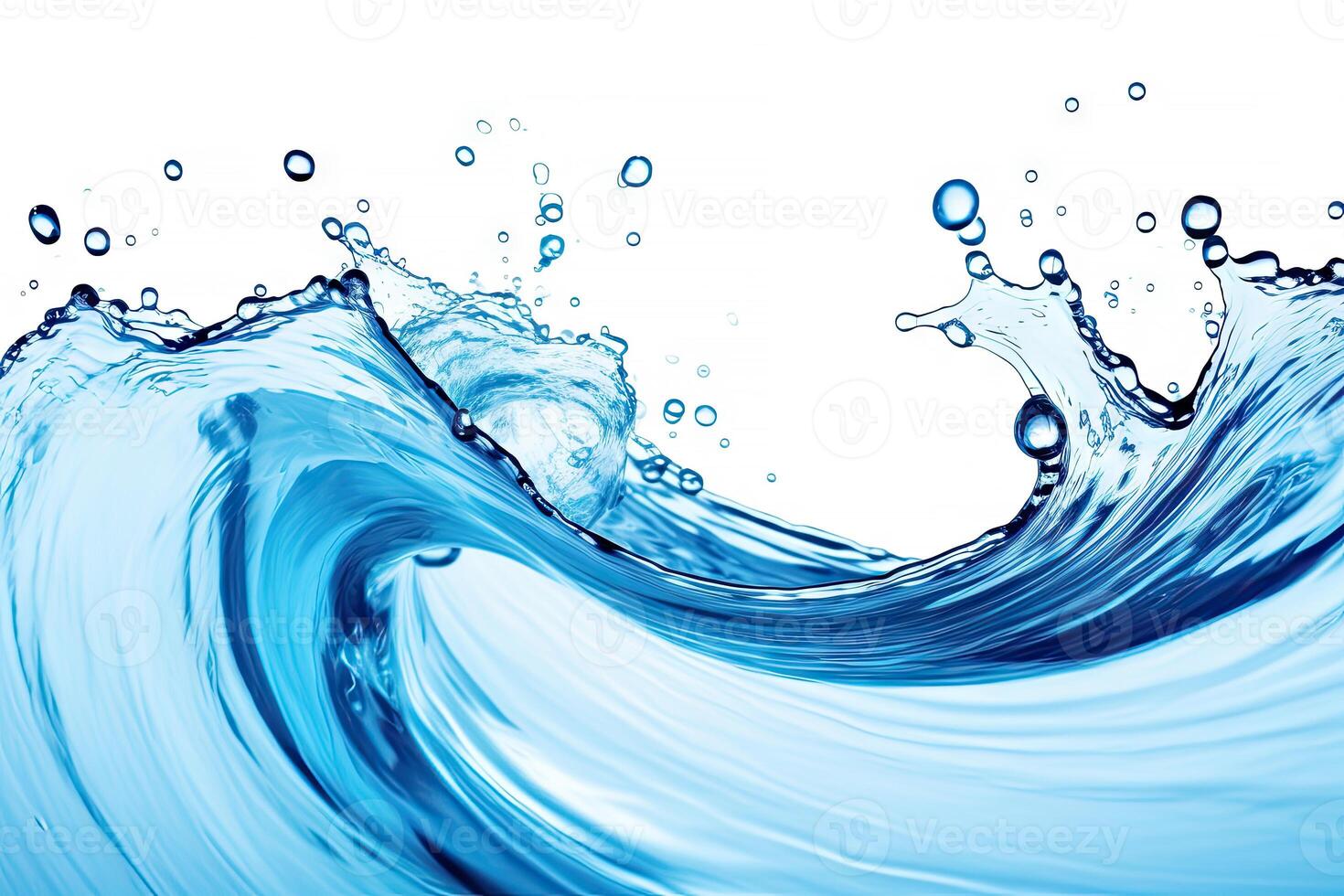Blue water swirl splash with little bubbles isolated on white background, liquid flowing in form of wave, with . photo