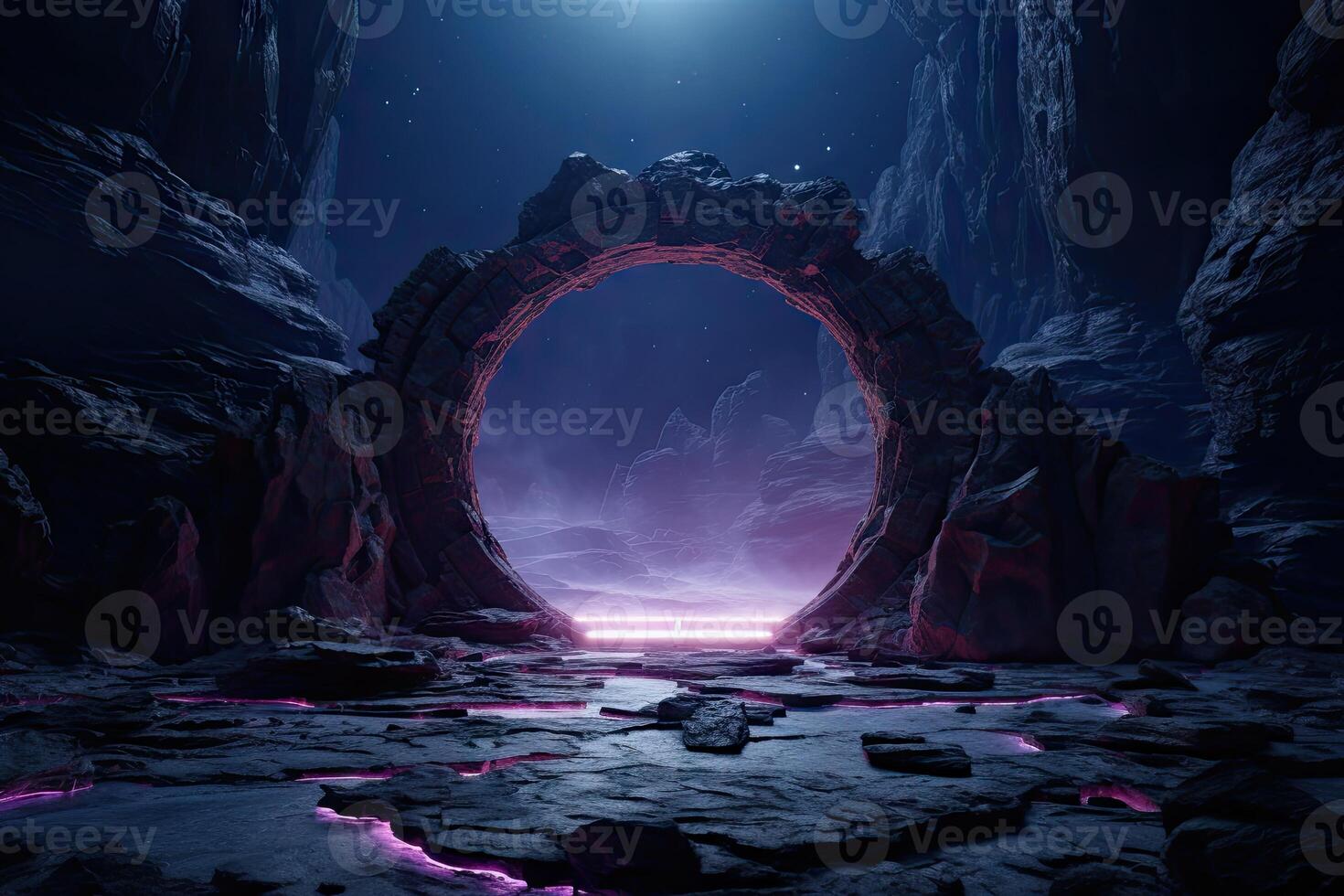 Abstract portal stone gate with neon glowing light in the dark space landscape of cosmic, rocky mountain stone field, spectrum light effect, with . photo