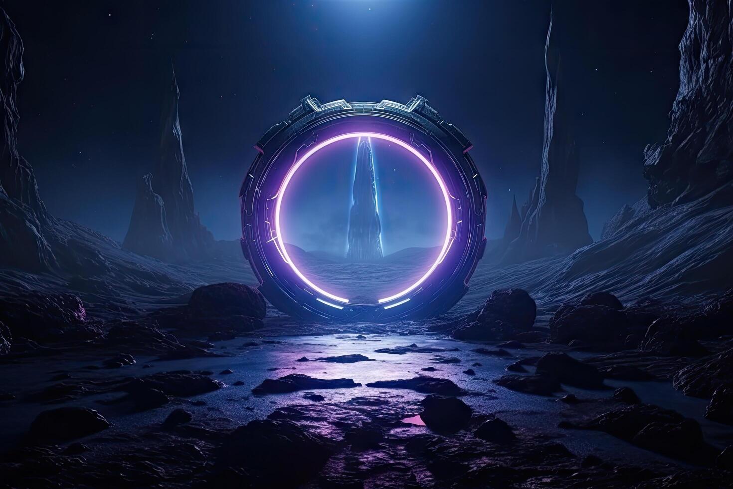 Abstract portal stone gate with neon glowing light in the dark space landscape of cosmic, rocky mountain stone field, spectrum light effect, with . photo
