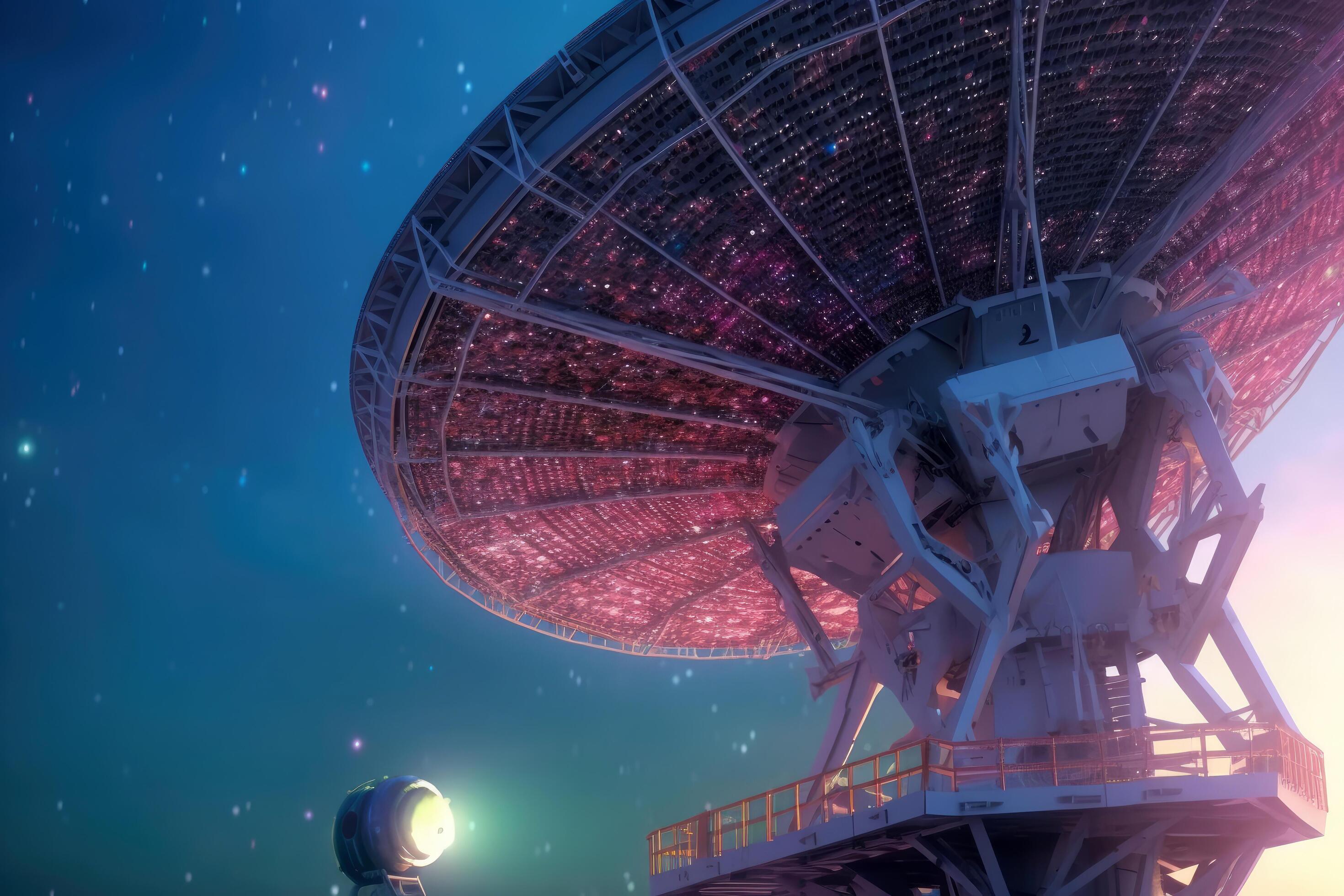 Space satellite dishes that receive signals from outer space with night