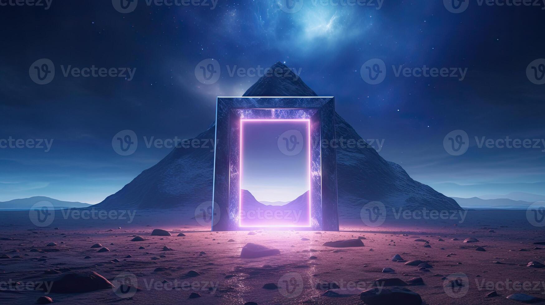 Abstract portal stone gate with neon glowing light in the dark space landscape of cosmic, rocky mountain stone field, spectrum light effect, with . photo