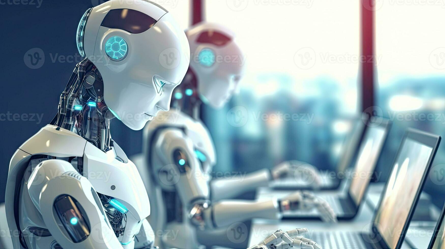 Artificial intelligence, or ai robot working at office by using computer laptop and typing keyboard, Technology in future, Communication network. with Generative AI. photo
