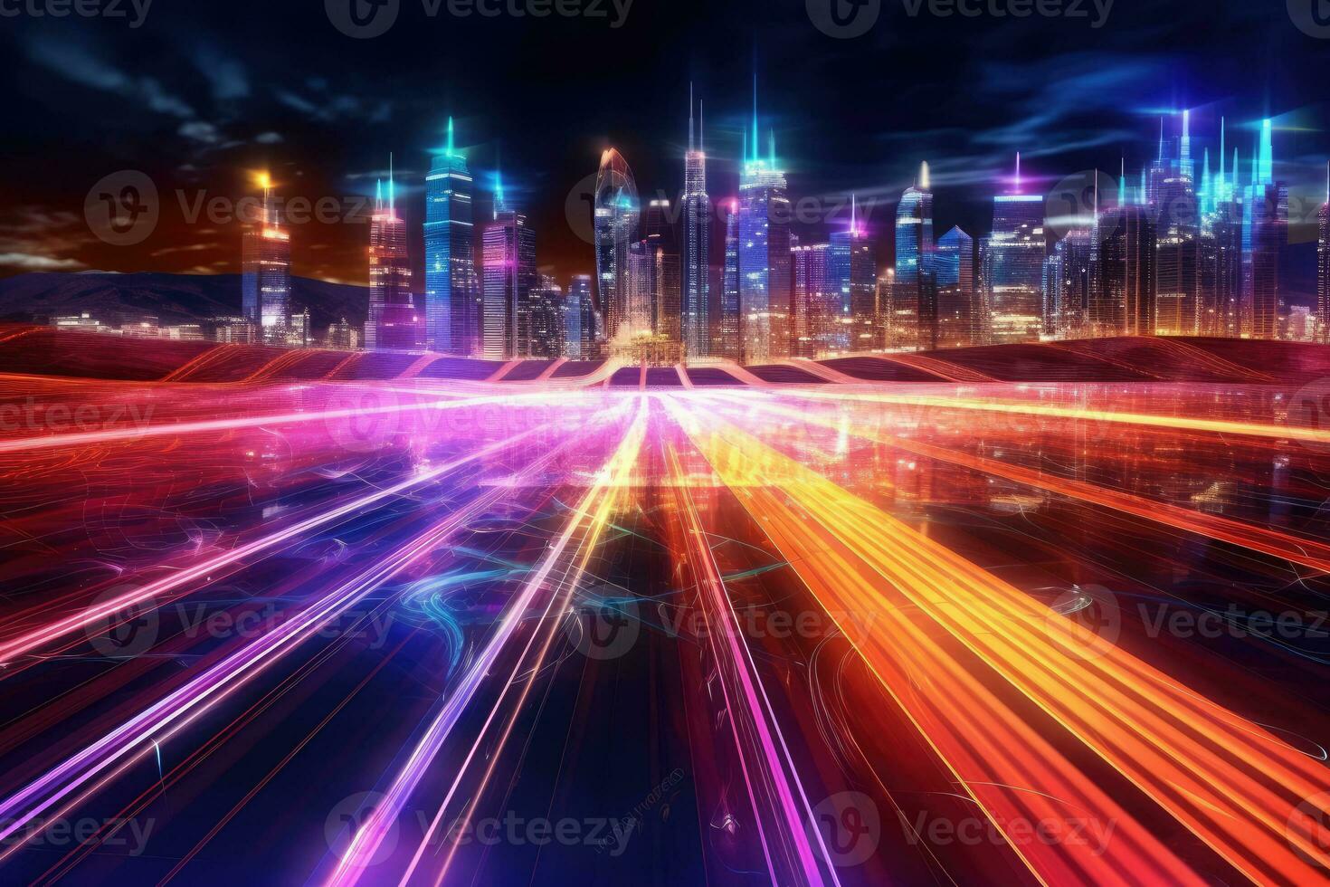 Speed light trails path through smart modern mega city and skyscrapers town with neon futuristic technology background, future virtual reality, motion effect, high speed light, with Generative Ai. photo