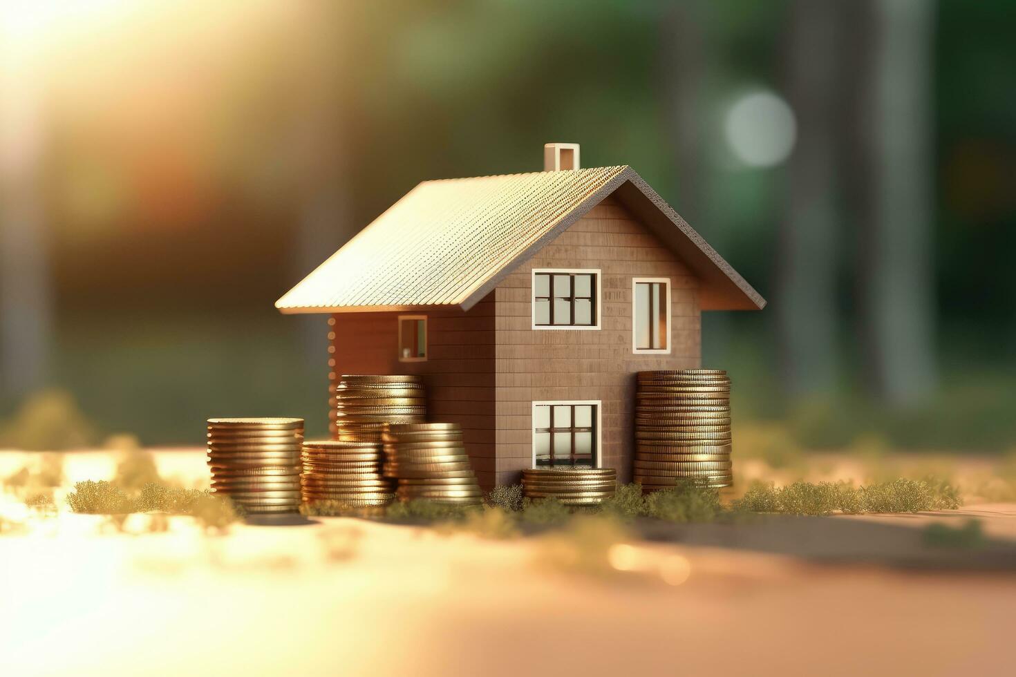 Close up stack of golden coins money with minimal house for goals and success, saving money for home, financial business concept, investment for future, with Generative Ai. 27955927 Stock Photo at Vecteezy