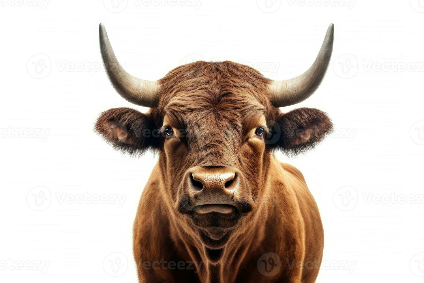 Strongest dark brown bull with muscles and long horns portrait looking at camera isolated on clear png background, Animals Fighter concept, with Generative Ai. photo