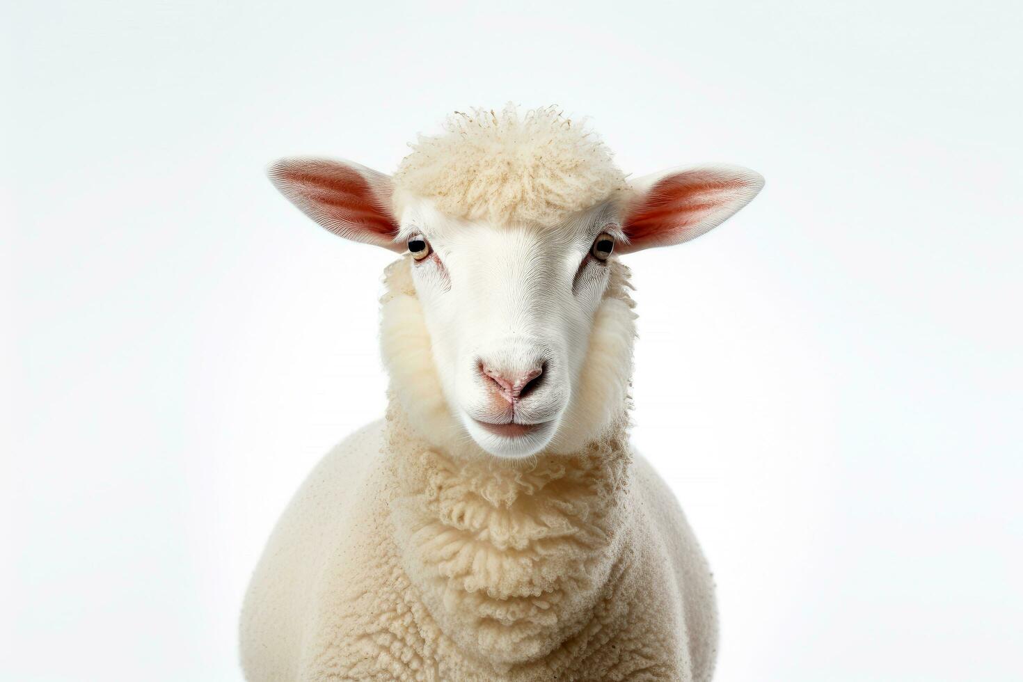 White fluffy sheep farm portrait looking at camera isolated on clear png background, funny moment, Farmland animals concept, with Generative Ai. photo