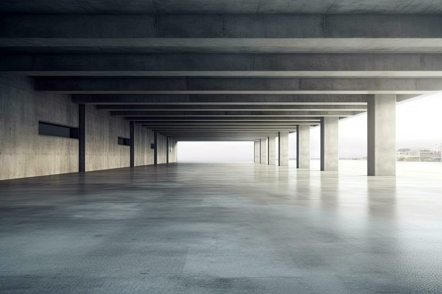 Modern concrete architecture building, exterior floor and roof, zone of car park, construction building, with empty space in clean design, with Generative Ai. photo