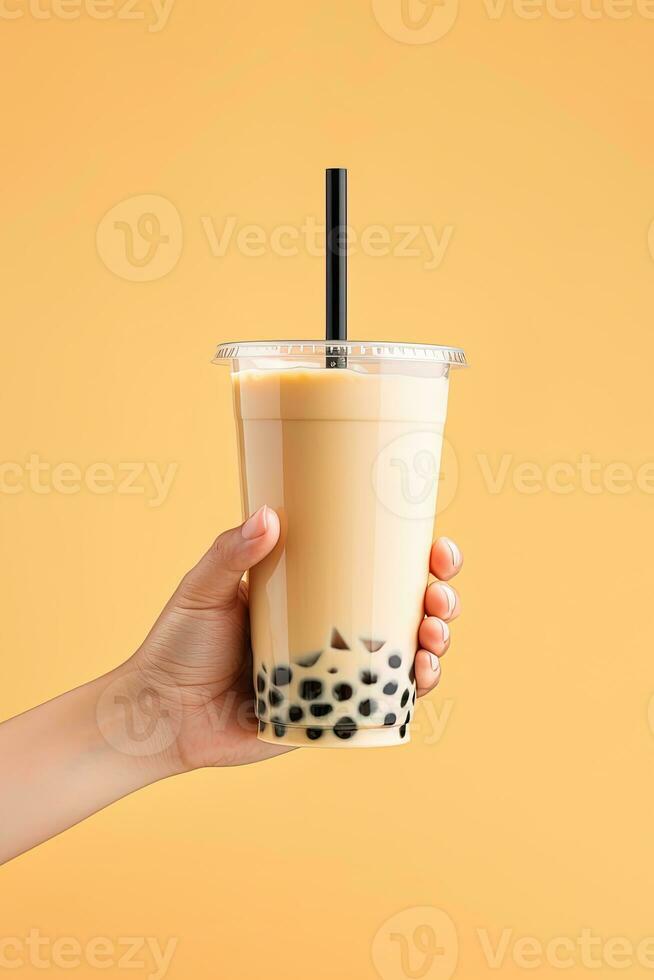 A hand holding takeaway plastic cup of delicious iced bubble milk tea and black pearls. ai generated photo