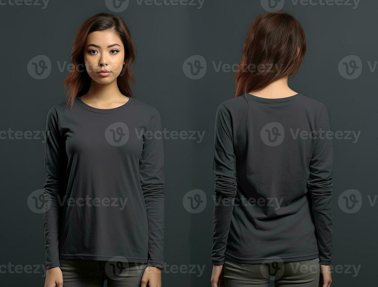 Woman wearing a grey T-shirt with long sleeves. Front and back view. ai generated photo