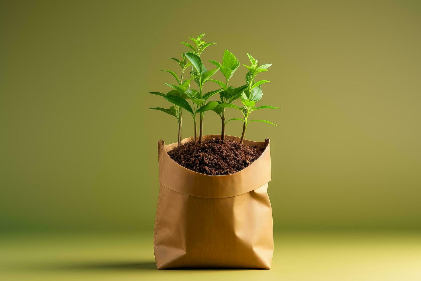 Small green plant in brown paper bag against brown background Sustainability concept Minimalistic style illustration 3D render photo