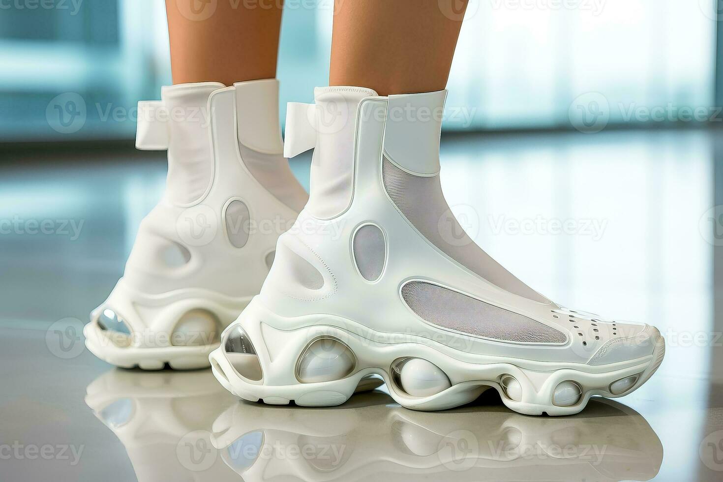 Modern design shoes that are white futuristic and trendy photo
