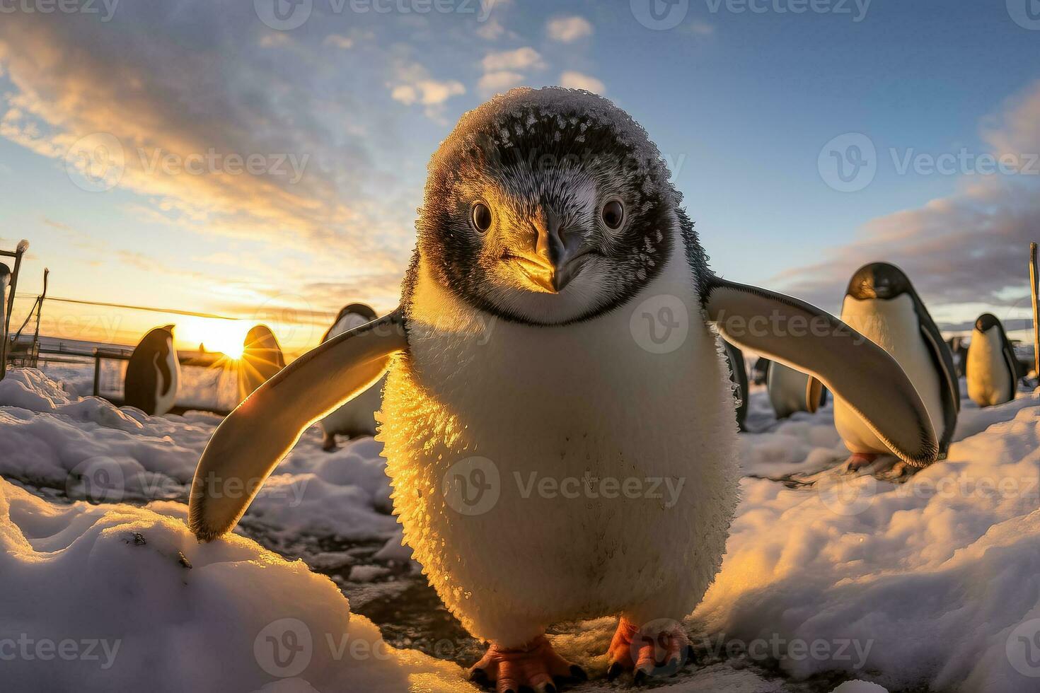 Portrait of a lively penguin in a snowy scene with a serene sunset backdrop photo