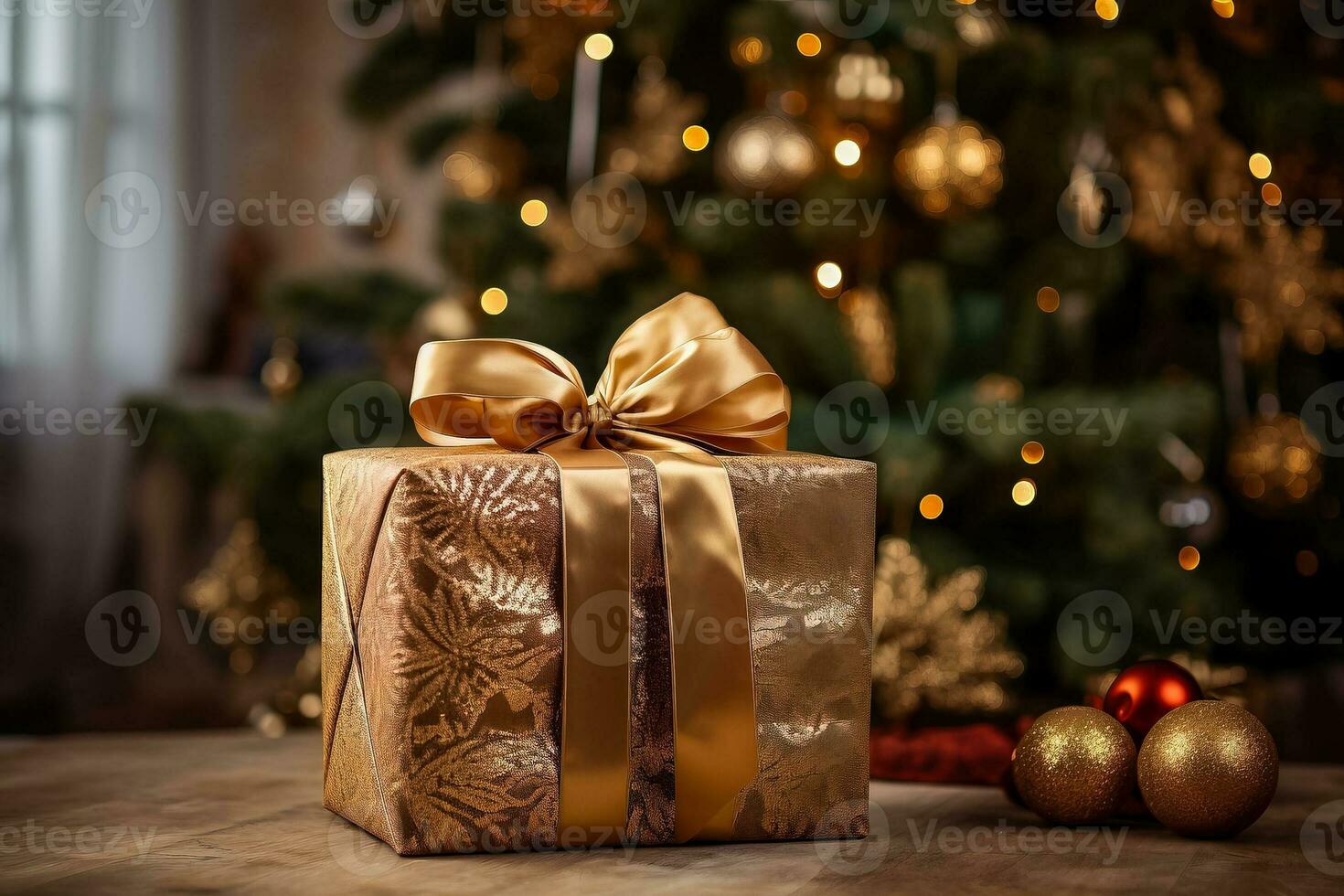 An elegantly wrapped present nestled beneath the festive Christmas tree photo