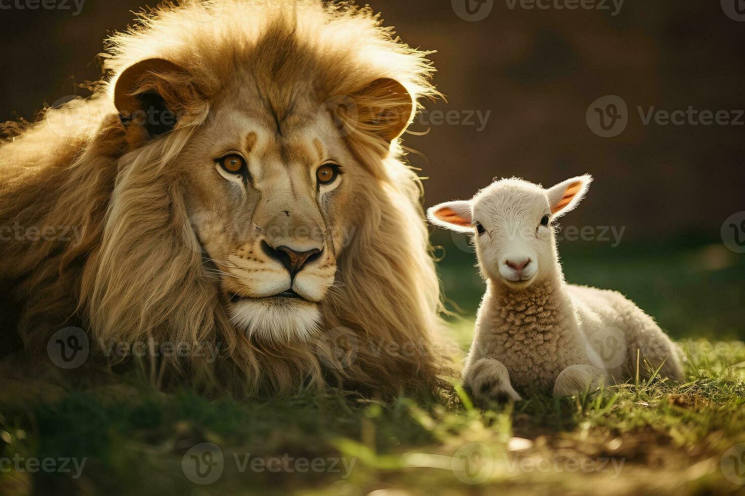 A lion and a lamb peacefully coexist in harmony photo