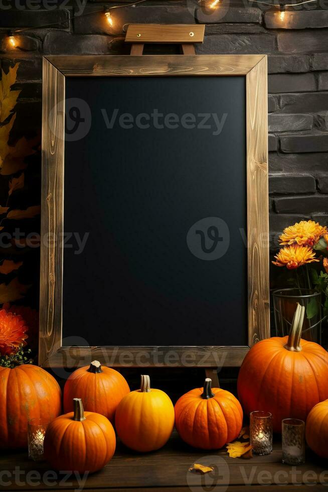 Black menu board with autumn decorations featuring a signboard mockup and pumpkins 3D illustration photo