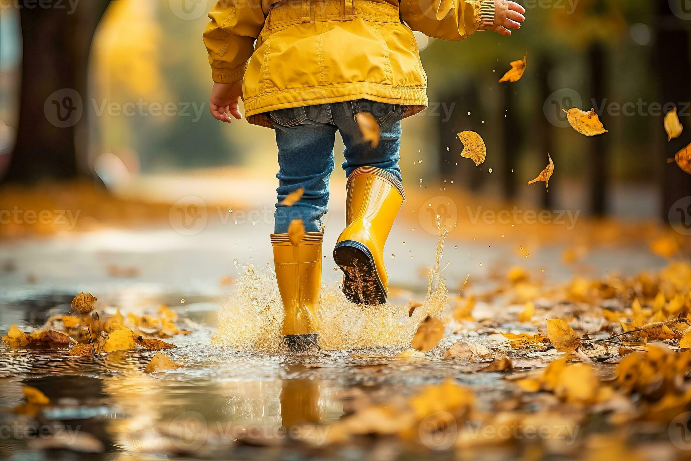 Child in yellow rubber boots enjoying jumping over puddles in the rain ...