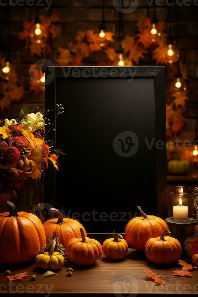 negro menú tablero con otoño decoraciones presentando un letrero Bosquejo y calabazas 3d ilustración foto