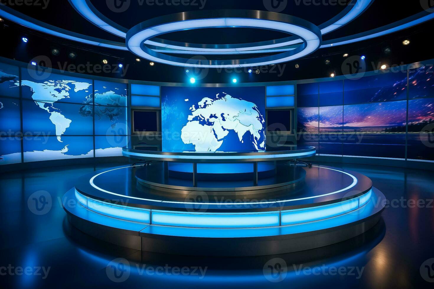 An image showcasing a news studio with blue lights and a globe photo