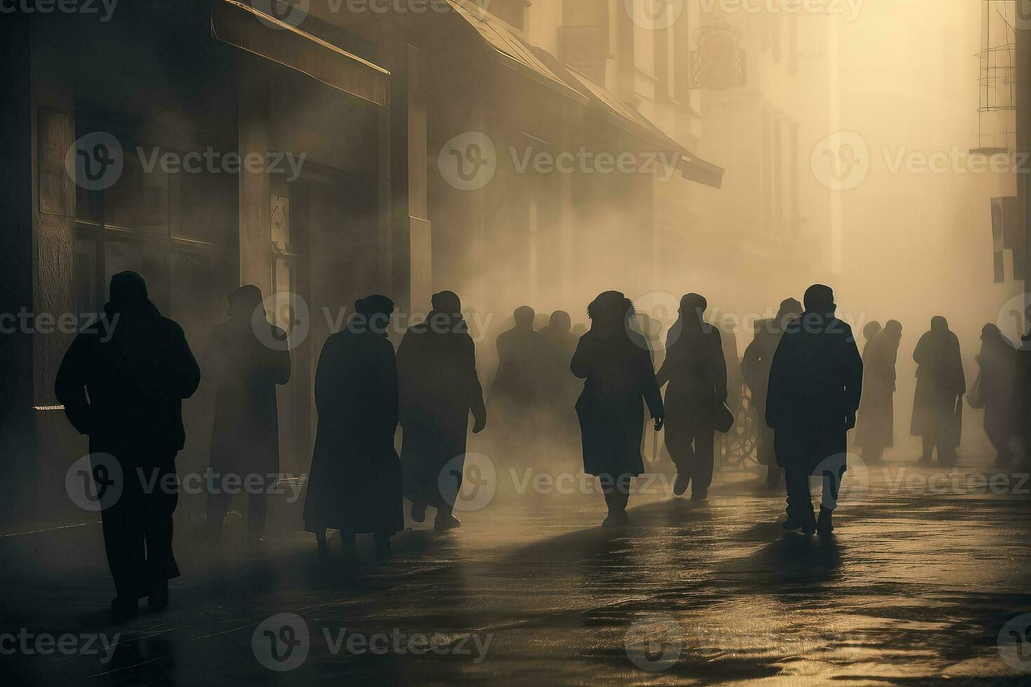 A hazy group of unidentified people gathering on the street photo