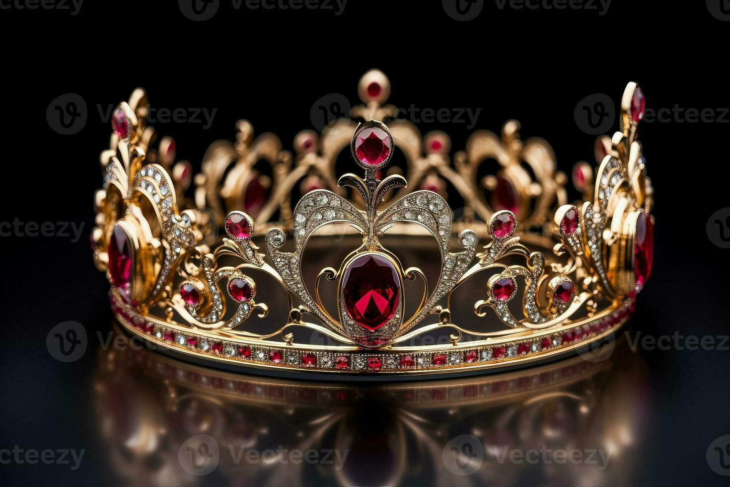 Isolated gold crown with red jewels depicting a medieval design placed on a white background photo
