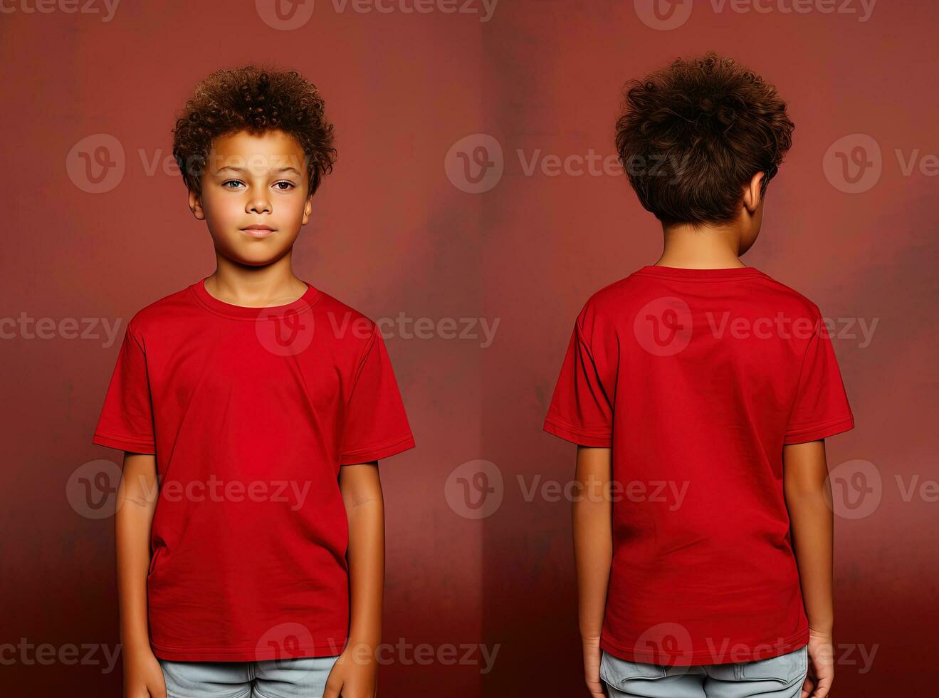 Front and back views of a little boy wearing a red T-shirt. ai generated photo