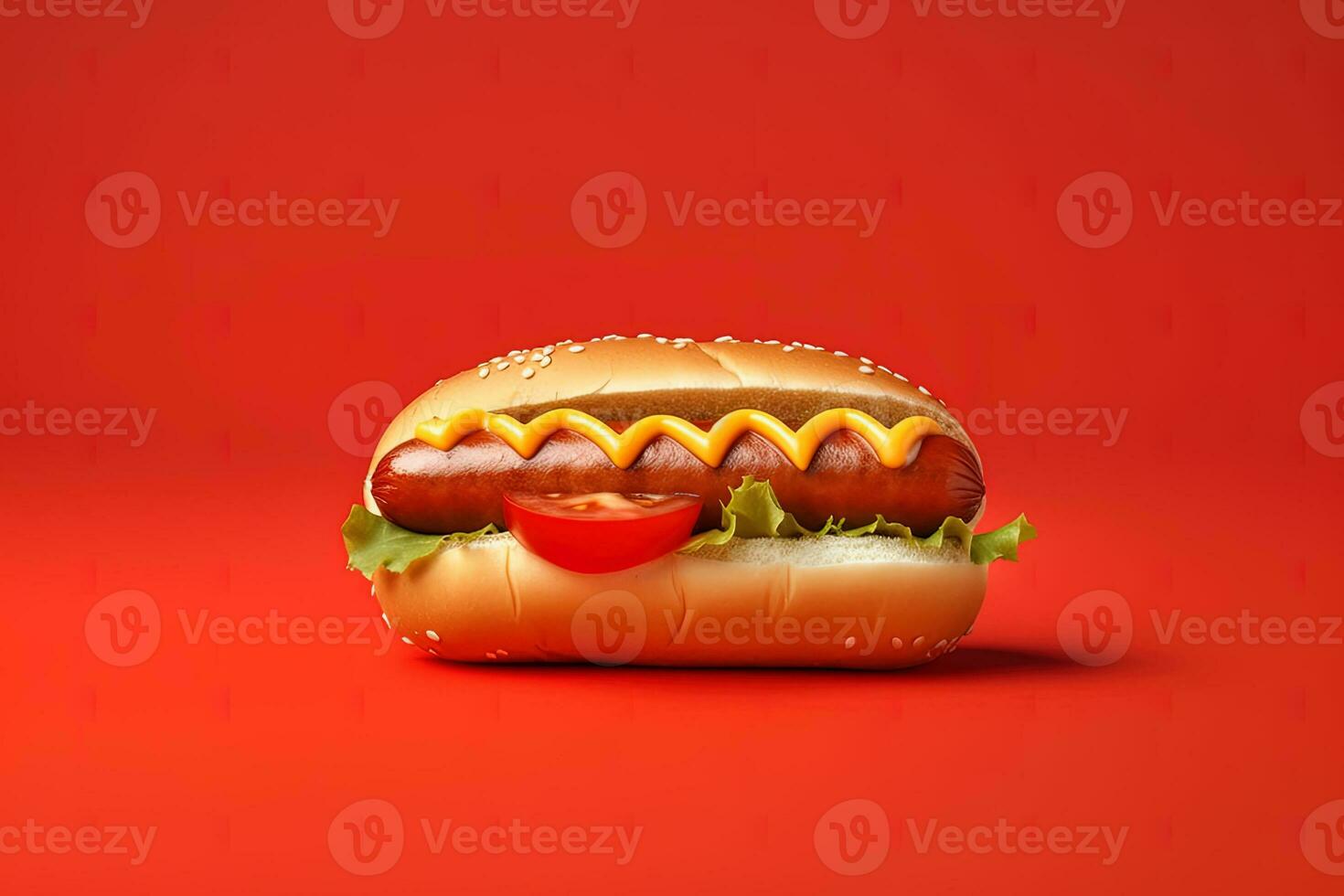 Hot dog with mustard and ketchup isolated on a red background. ai generated photo