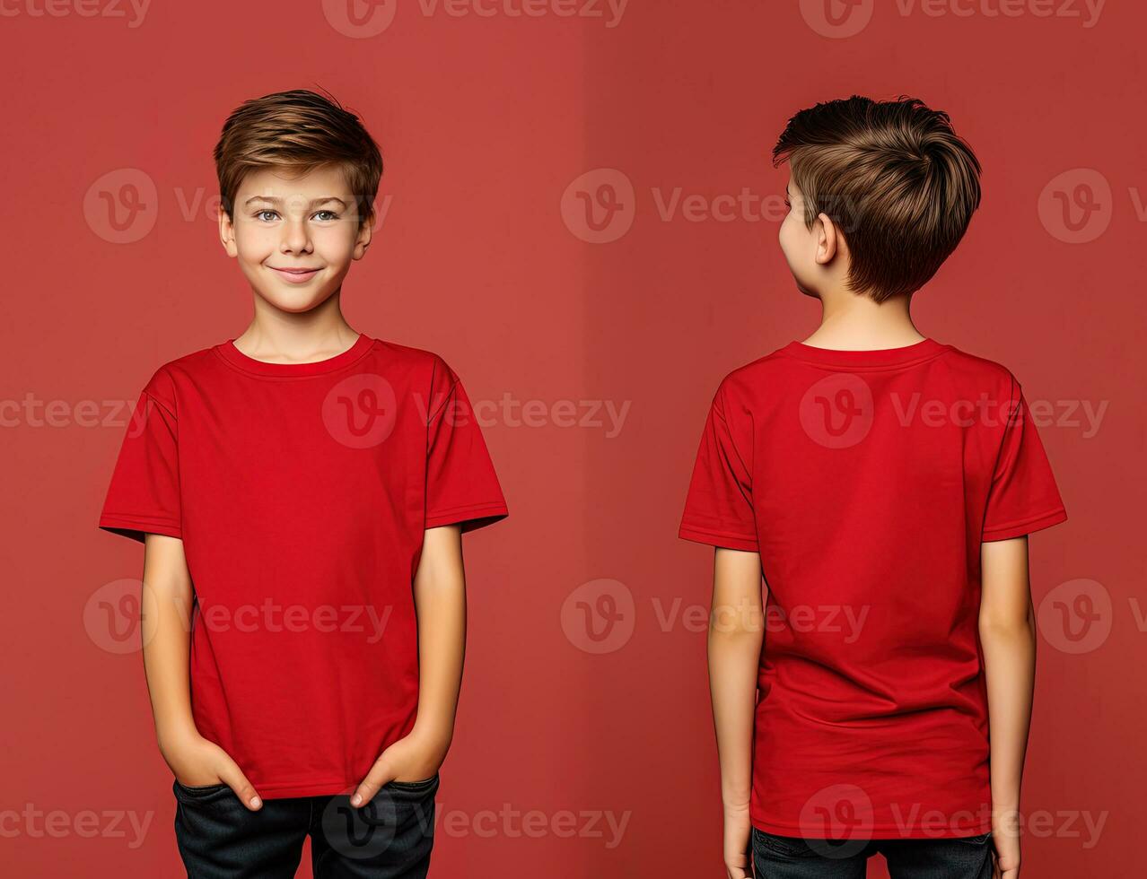Front and back views of a little boy wearing a red T-shirt. ai generated photo
