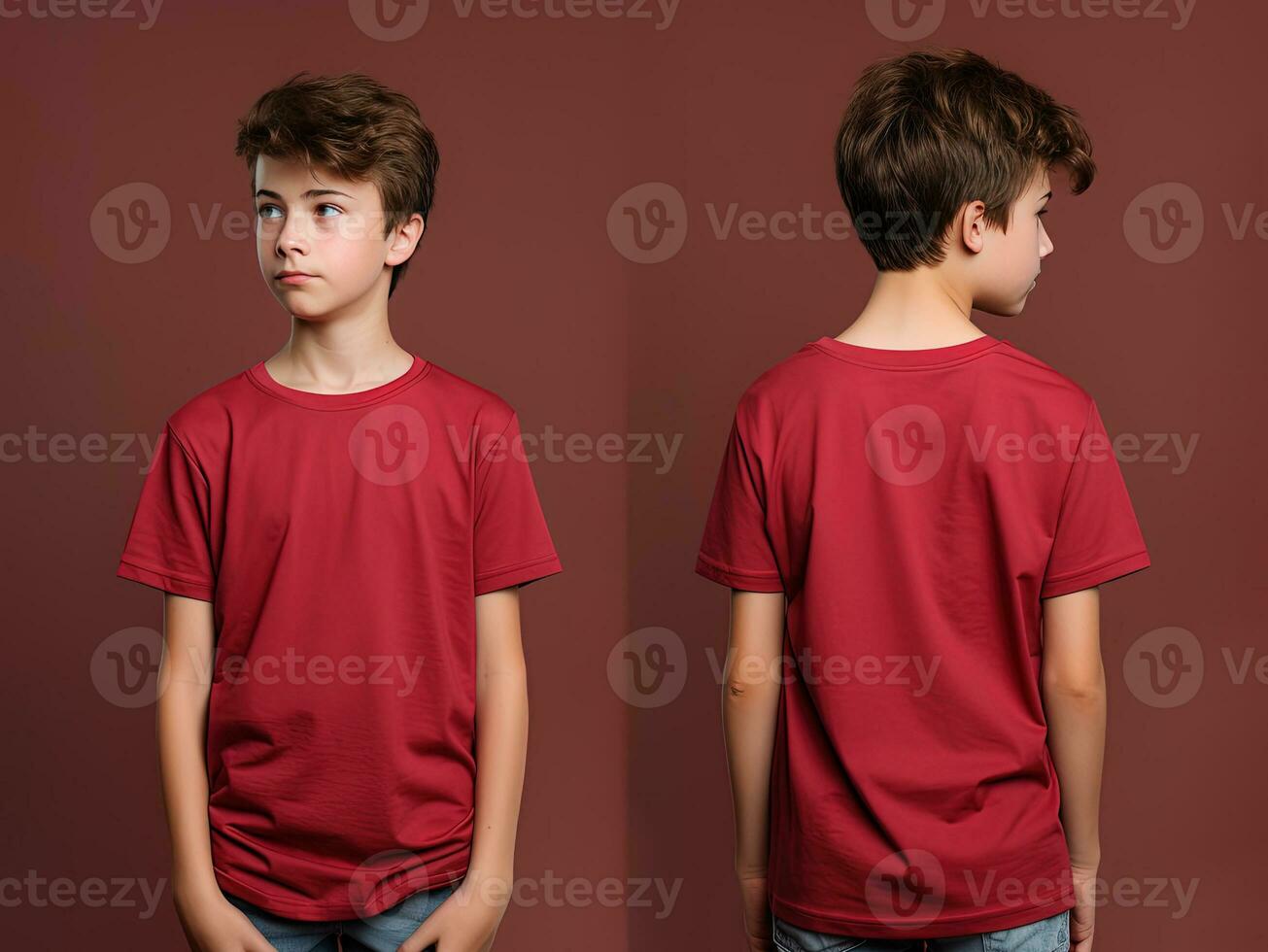 Front and back views of a little boy wearing a red T-shirt. ai generated photo