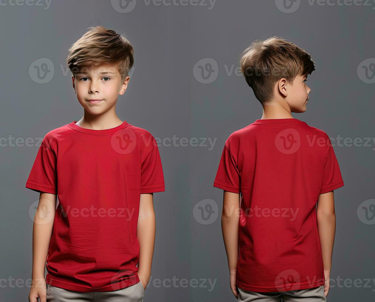 Front and back views of a little boy wearing a red T-shirt. ai generated photo