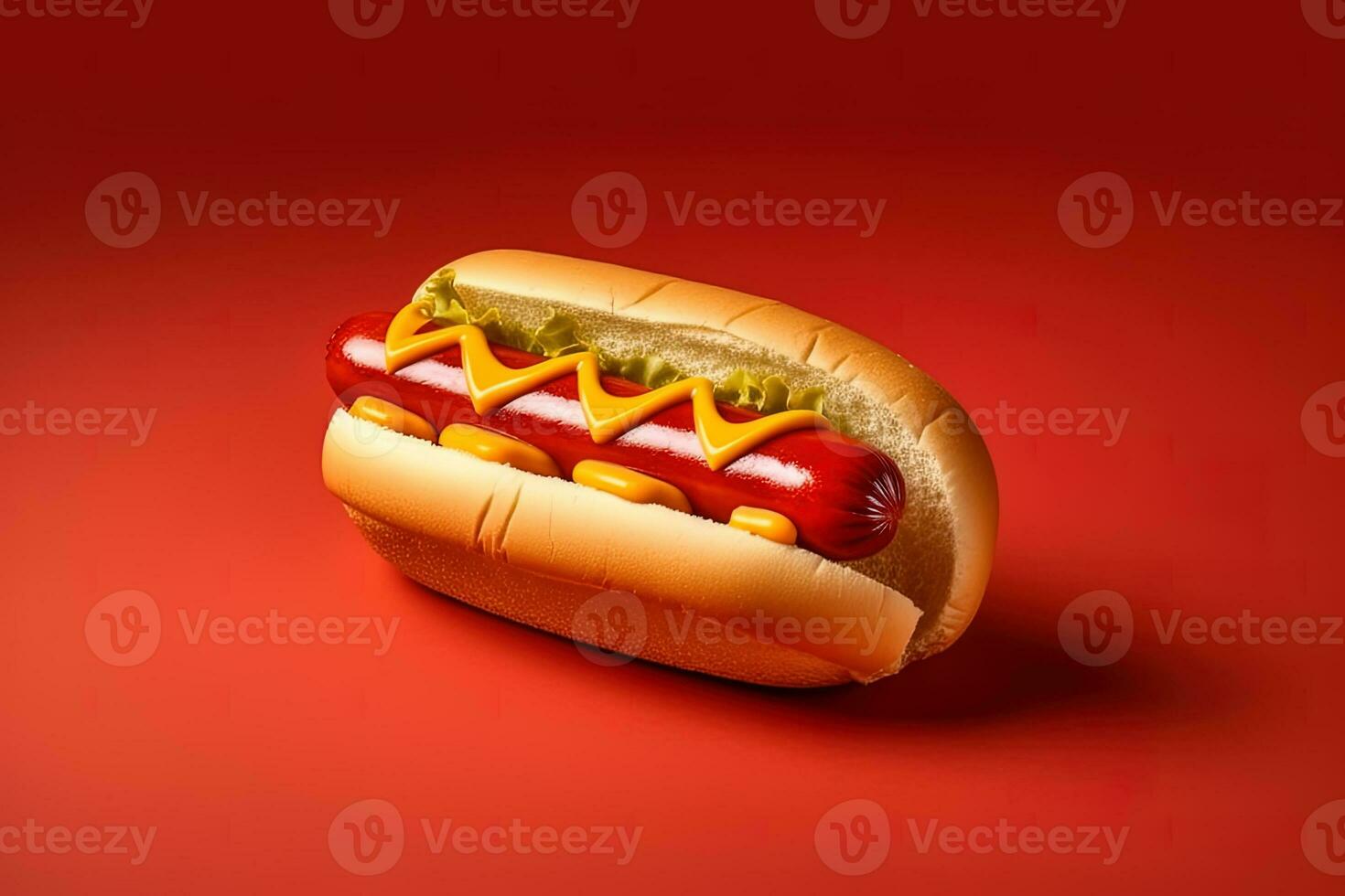 Hot dog with mustard and ketchup isolated on a red background. ai generated photo