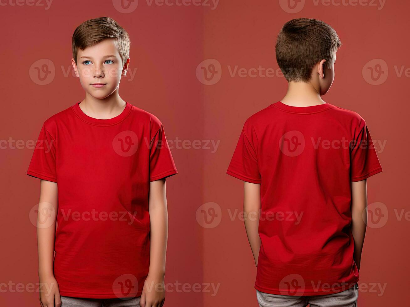 Front and back views of a little boy wearing a red T-shirt. ai generated photo