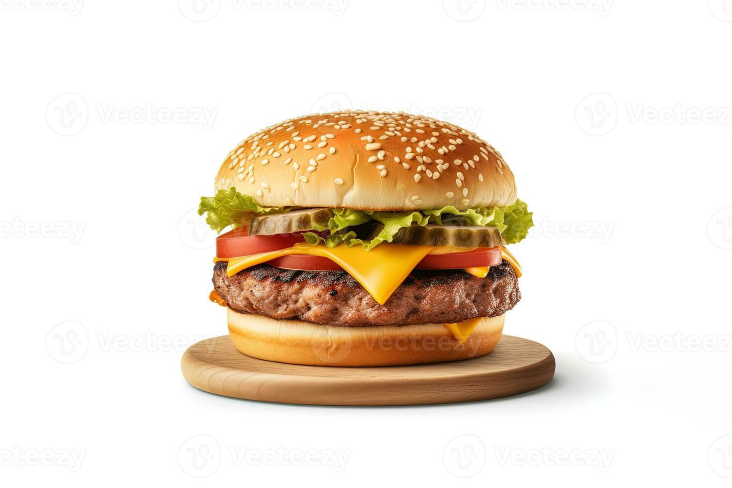 Fresh tasty cheeseburger on wooden board isolated on white background. ai generated photo