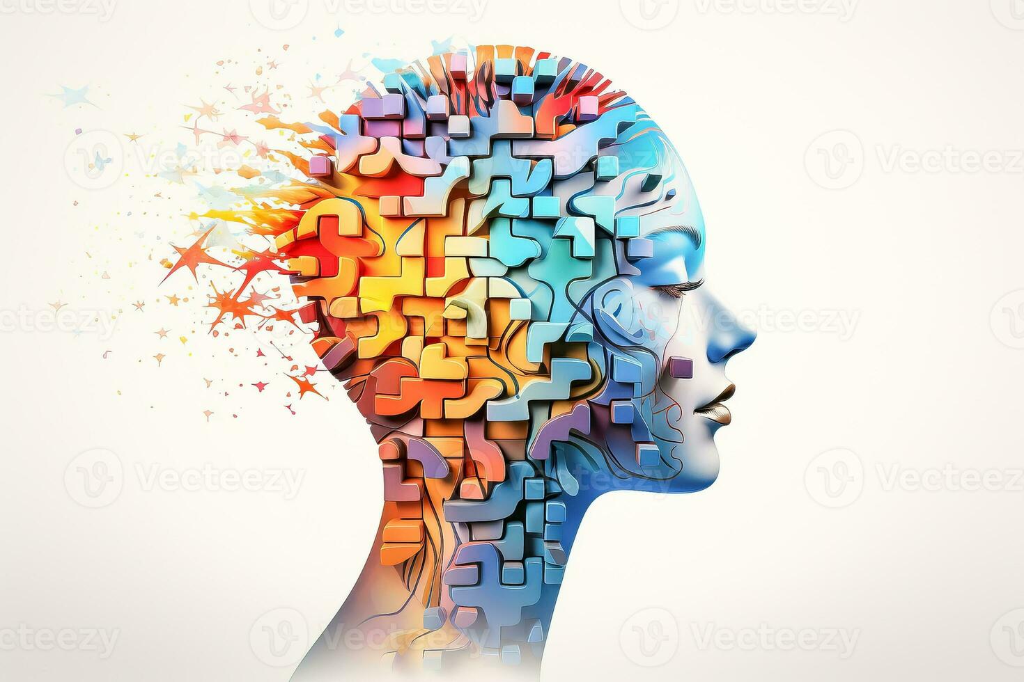 Human head profile and jigsaw puzzle representing concepts in cognitive psychology or psychotherapy mental health and brain problems with line design created using tools photo