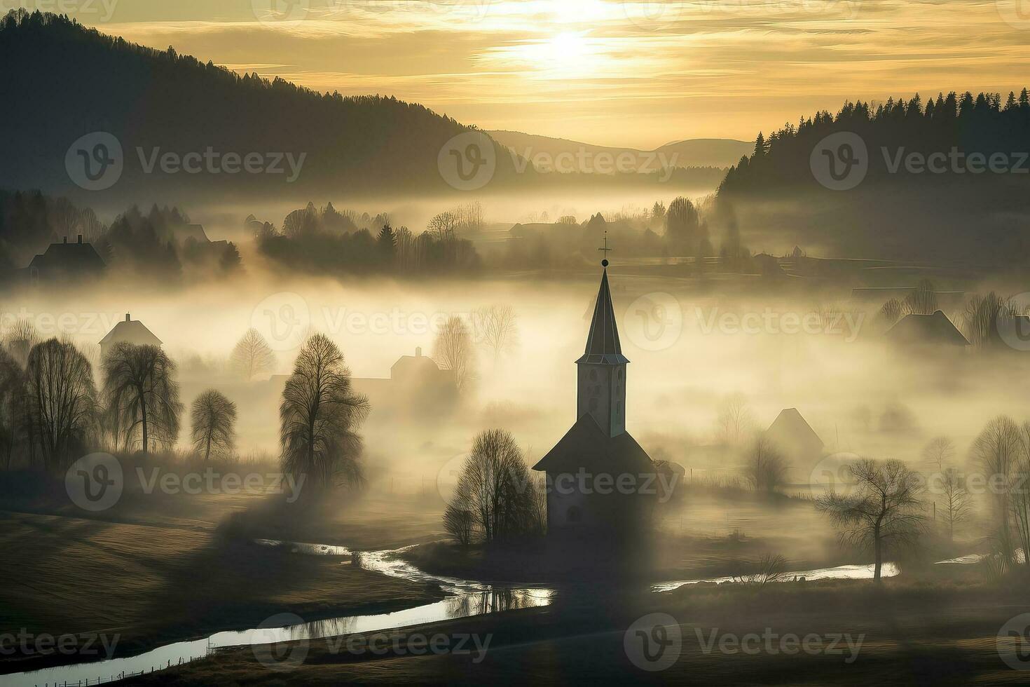 Silhouette of church in misty village landscape viewed from above photo