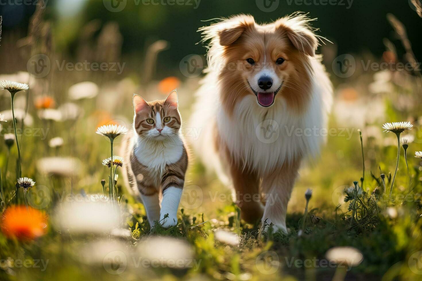 A fluffy cat and a happy dog stroll through a sunny spring meadow photo