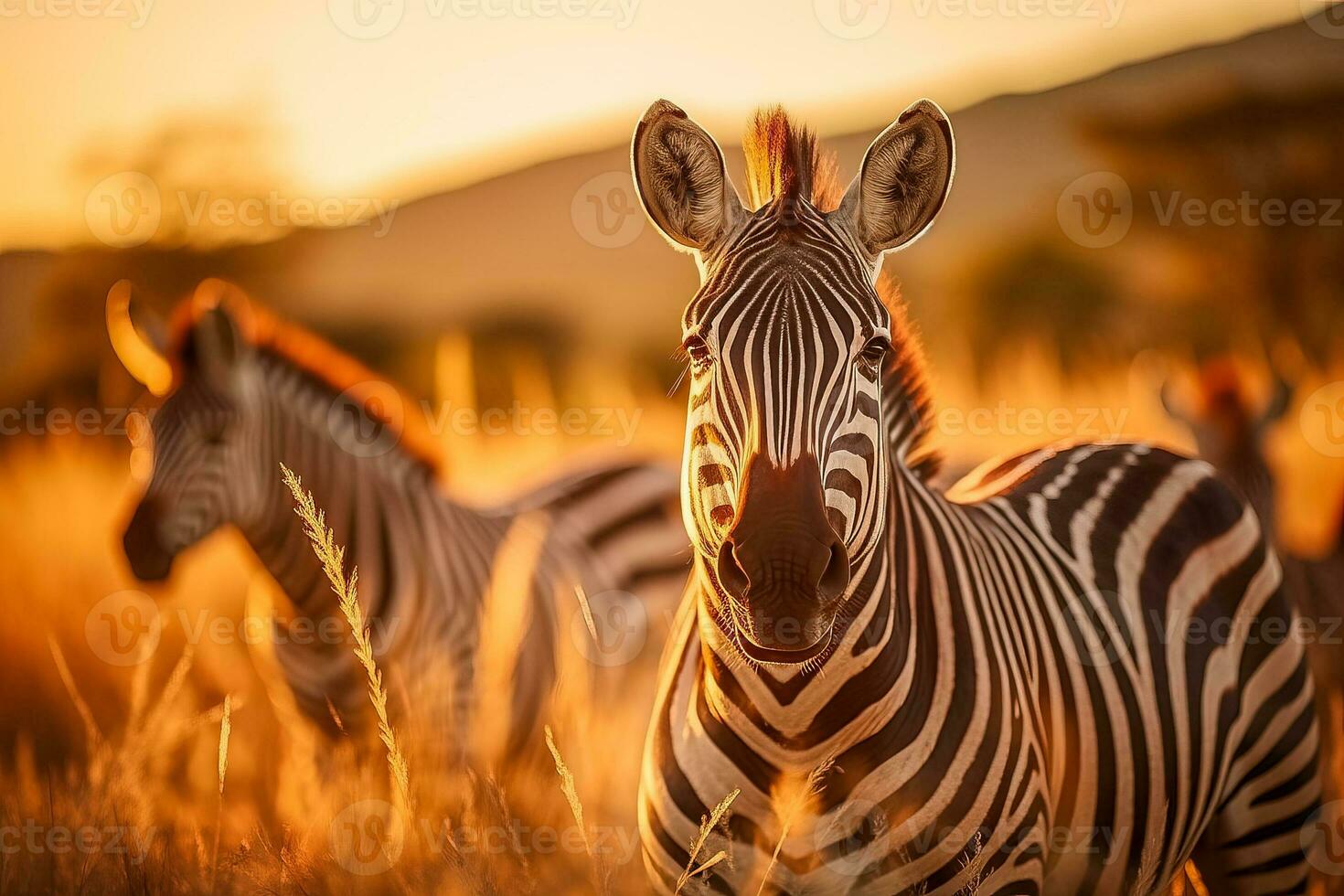 manada de cebras pasto en alto césped durante un verano puesta de sol un fauna silvestre escena en naturaleza foto