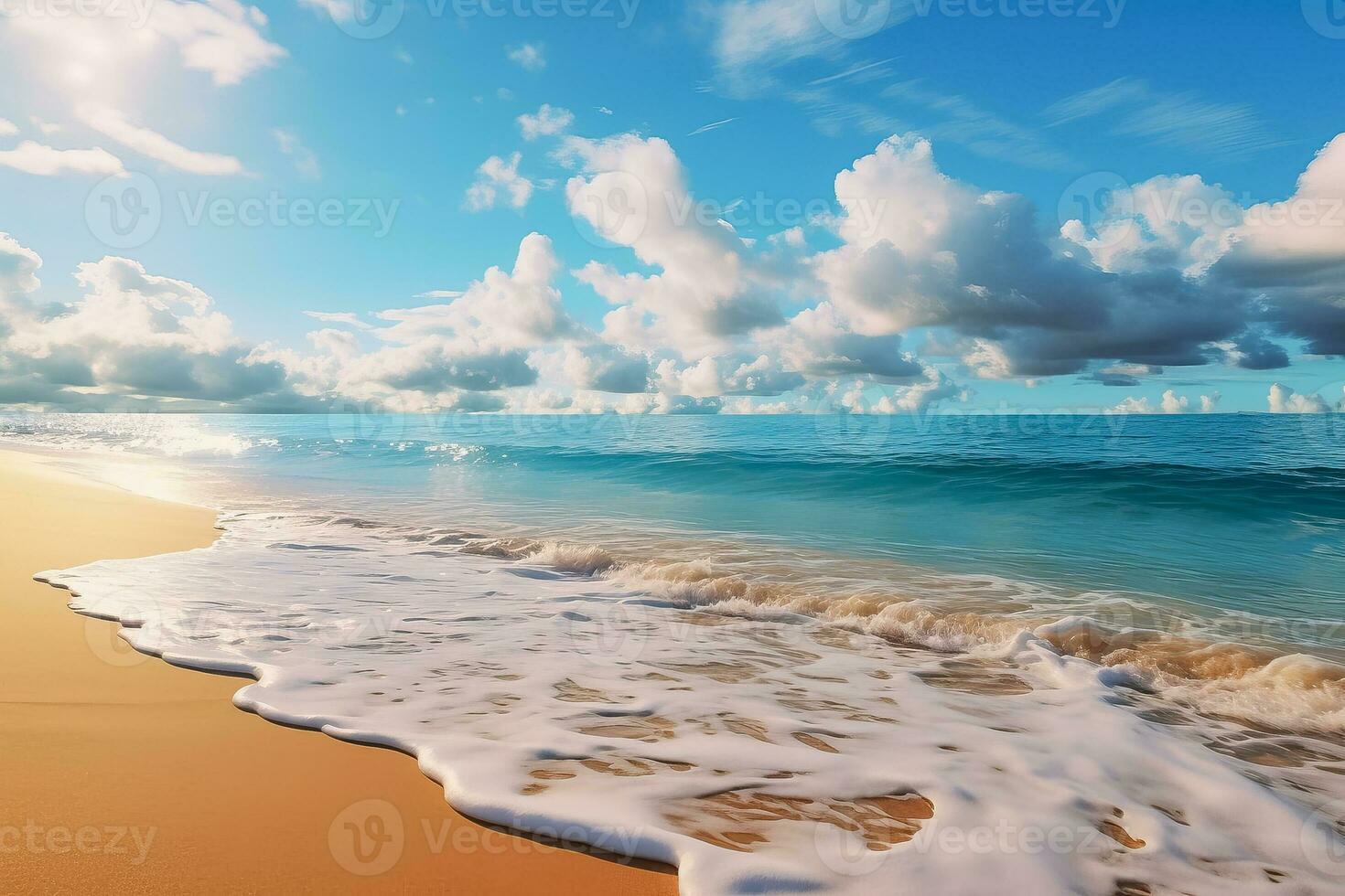 Sandy beach blue clouds gentle ocean waves and warm sunset light create a serene atmosphere photo