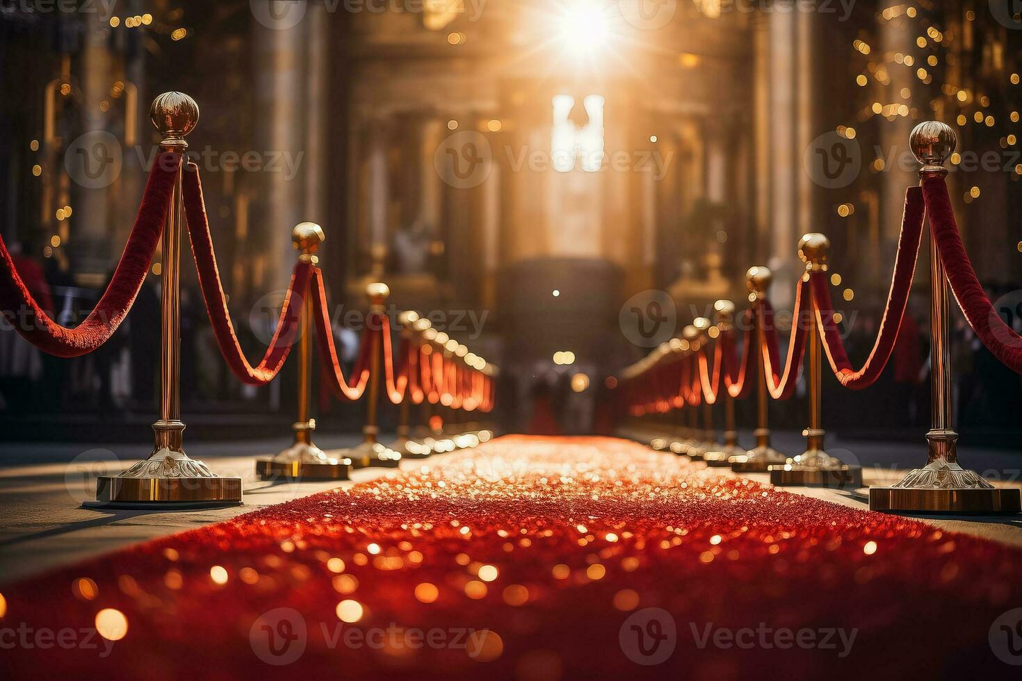 Red carpet rolls out before a backdrop of a glamorous movie premiere photo