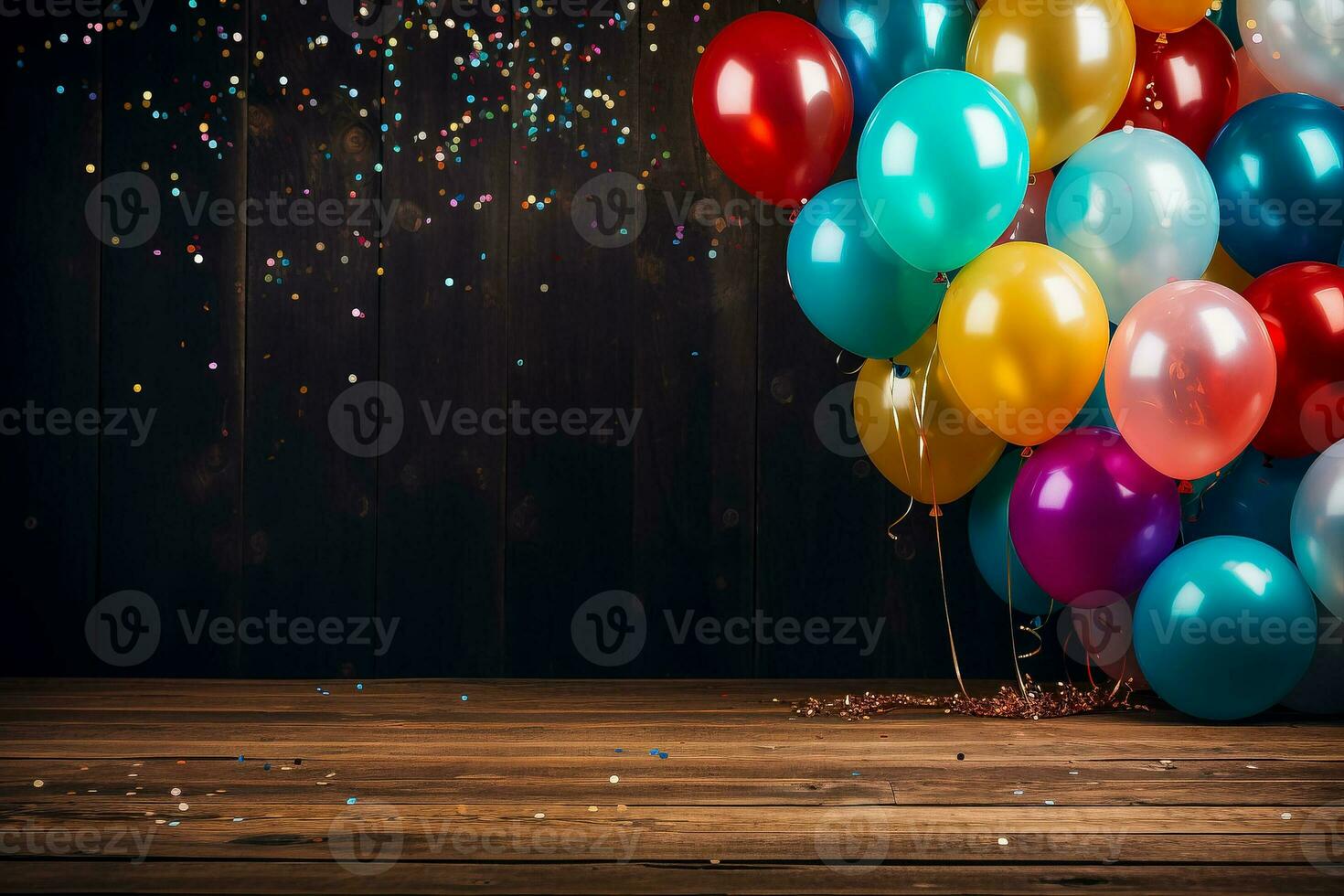 Colorful balloons and confetti against a backdrop of wood photo