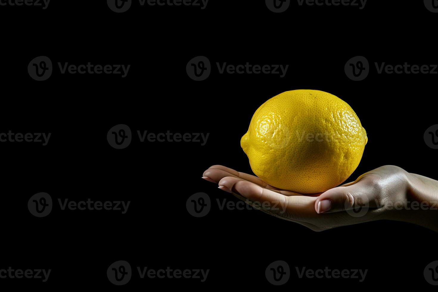 Lemon in hand isolated on black background with copy space. ai generated photo