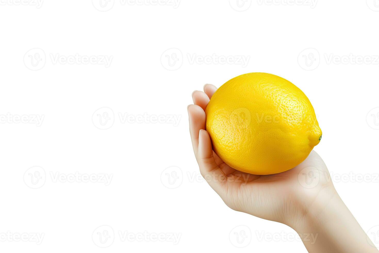 Lemon in hand isolated on white background with copy space. ai generated photo