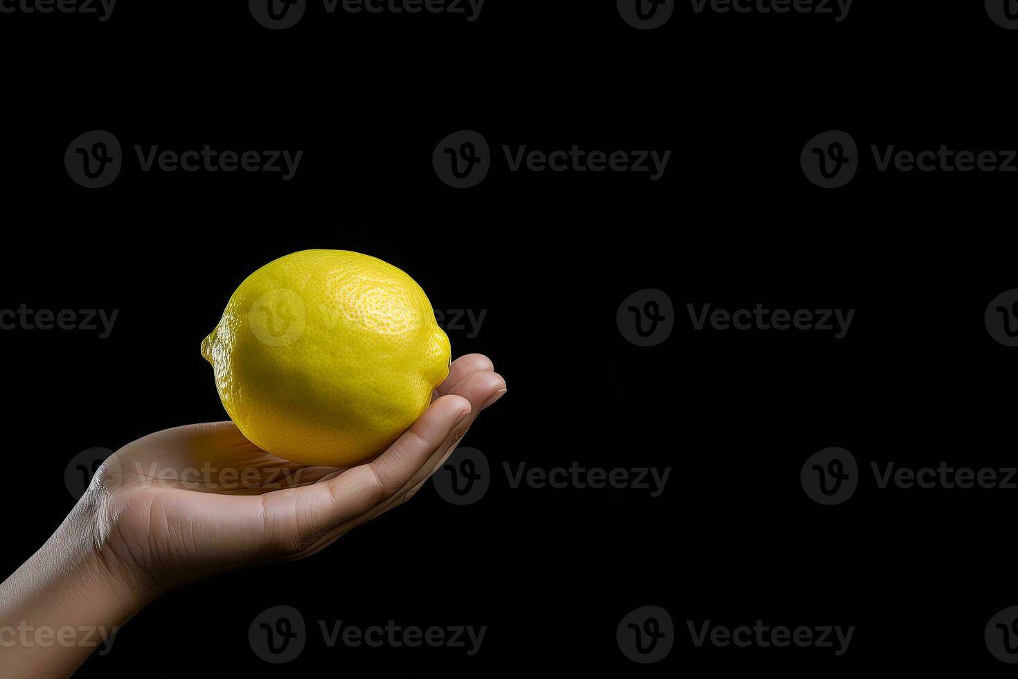 Lemon in hand isolated on black background with copy space. ai generated photo