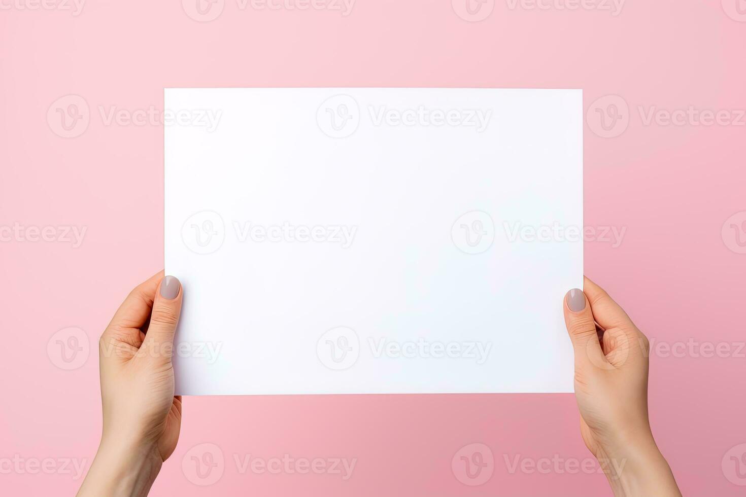 A human hand holding a blank sheet of white paper or card isolated on pink background. ai generated photo