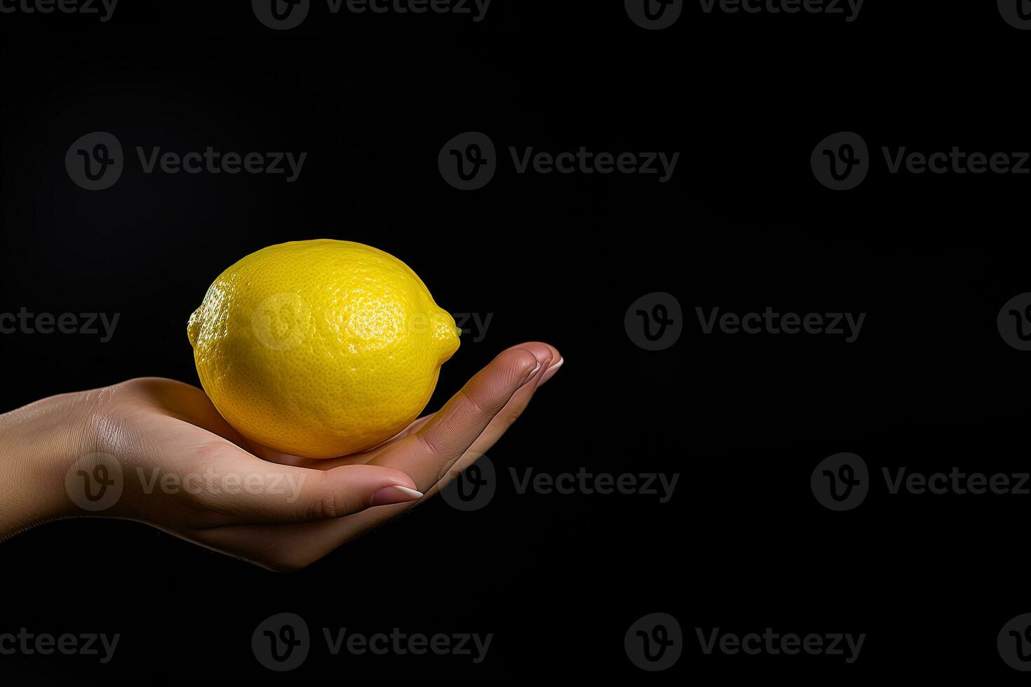 Lemon in hand isolated on black background with copy space. ai generated photo