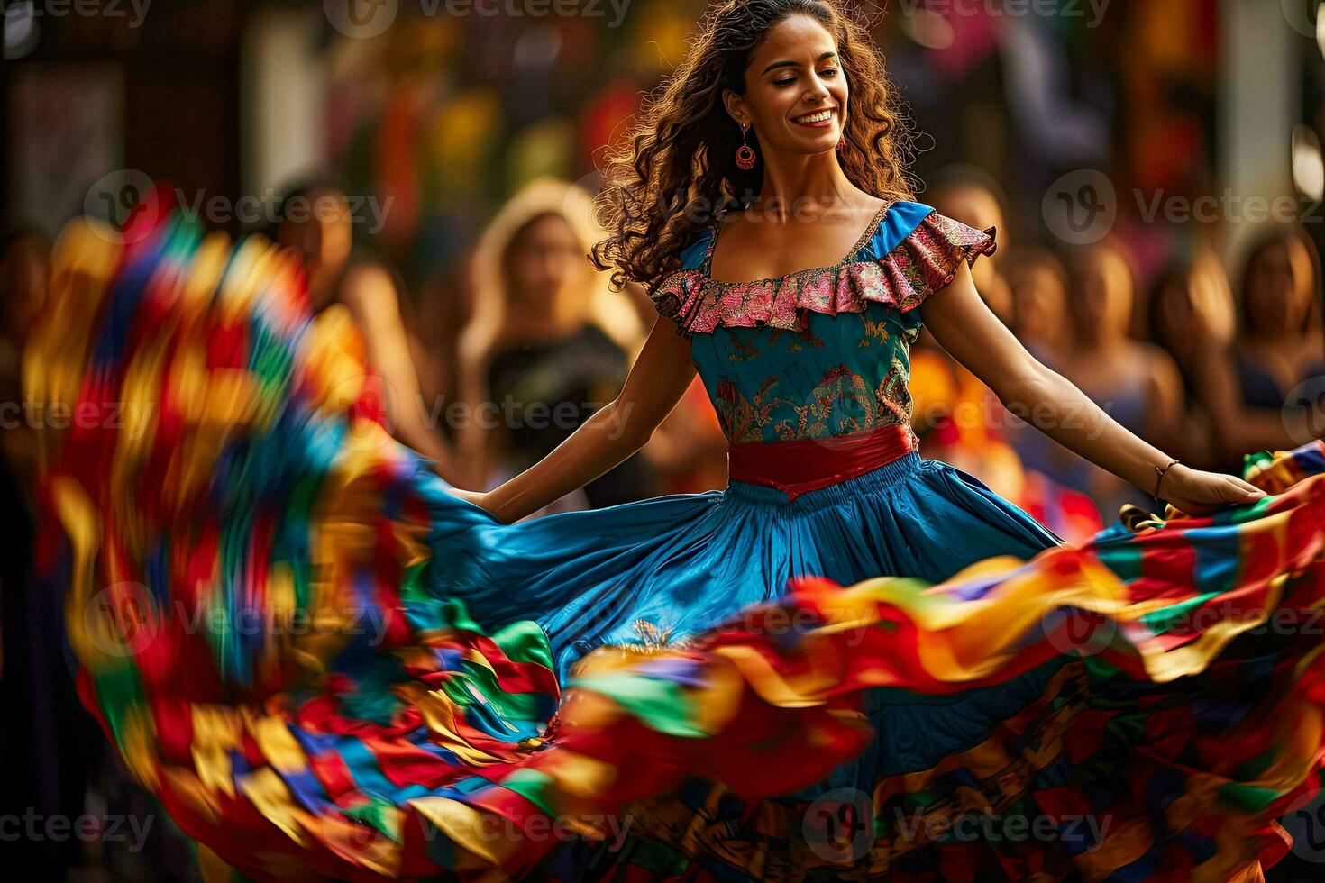 Traditional Mexican dancing features vibrant skirts that twirl and float with colorful elegance photo