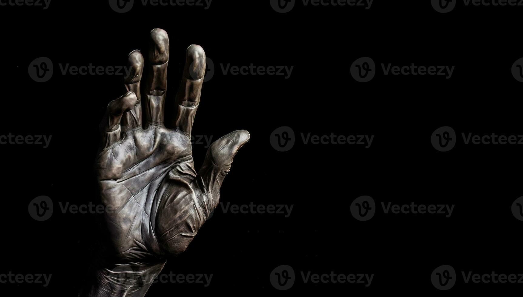 Close up of human hand showing three fingers on black Bronze sculpture of an old hand. photo