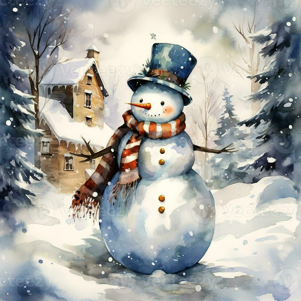 A snowman with a top hat and a scarf. photo