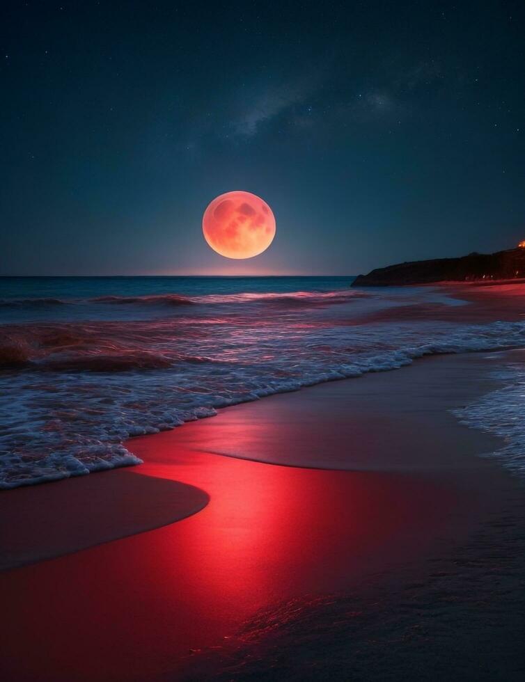 A mysterious beach at night, illuminated by a red moon, with the dark sea stretching out into the horizon. Ultra realistic. Generative AI photo